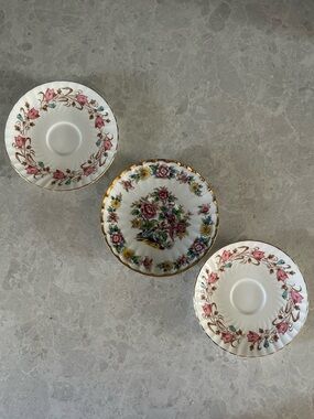 Set of 3 Vintage Pink & Gold Floral Porcelain Saucers, Small Plate, Trinket Dish